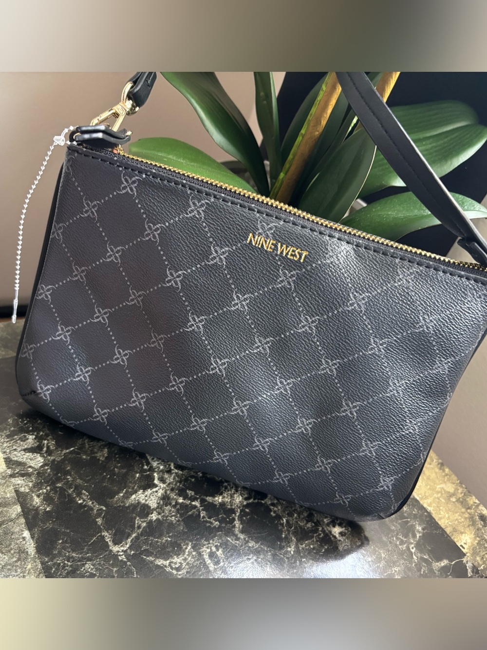 Nine West Black Logo-Print Crossbody Purse with Gold Hardware